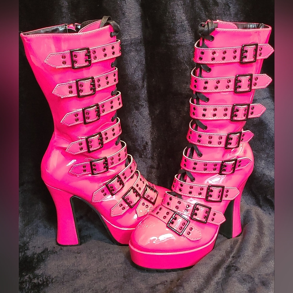 Hot Pink Ellie 5" Chunky Heel Ankle Boots With Buckles Melinoe Size 8